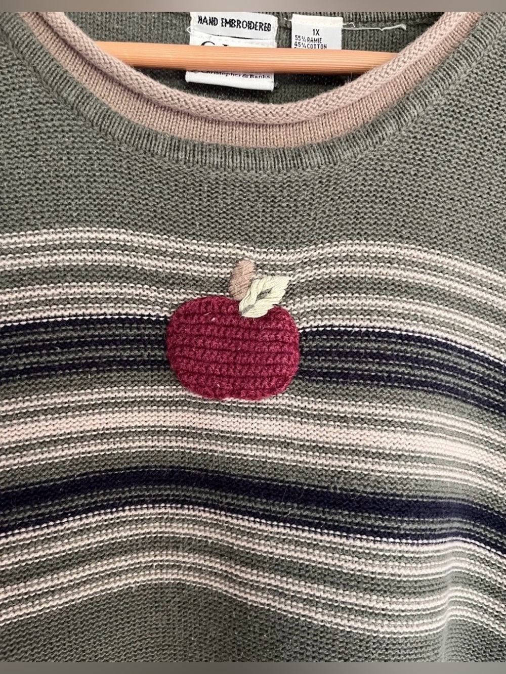 Vintage C.J. Banks Women's Green Striped Roll Neck Sweater Apple Teachercore 1X - Picture 3 of 5